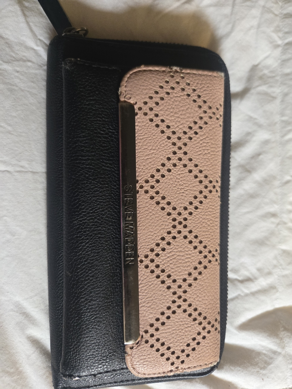 Steve Madden Black and Blush Pink Perforated Zip Wallet
